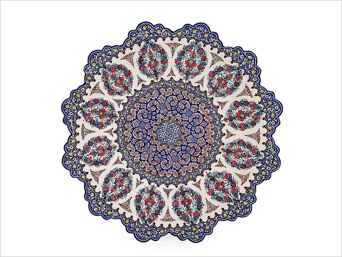A grand 25cm Isfahan Minakari Plate, showcasing a vibrant Persian garden design on a colourful mix of white, red, blue, and yellow.