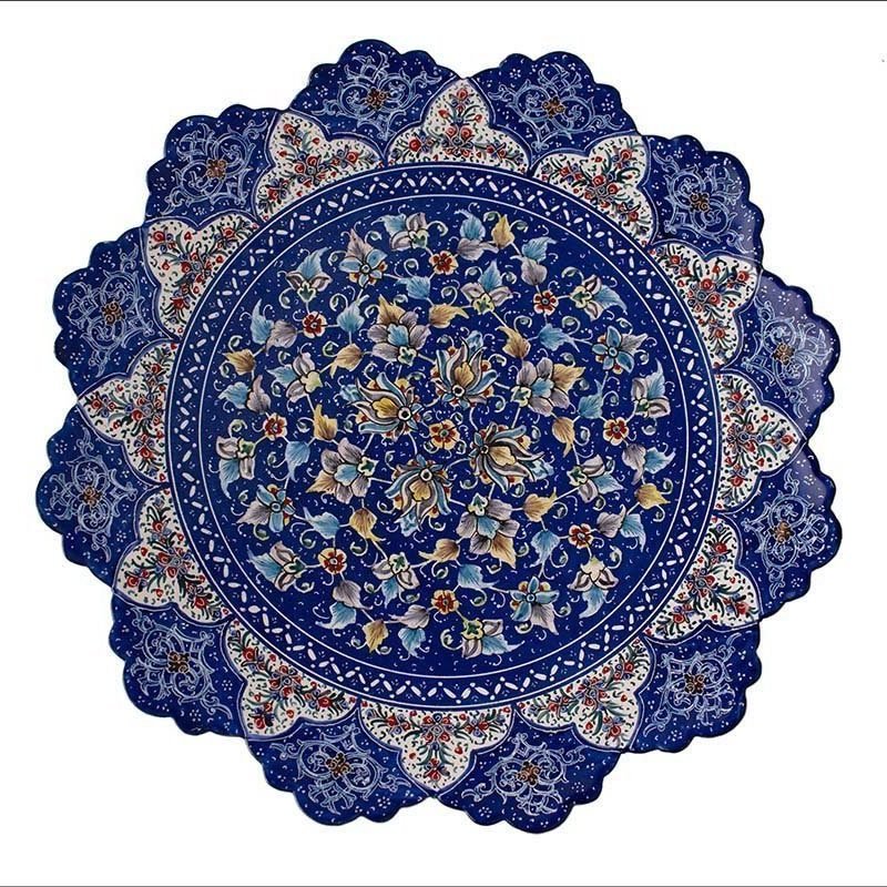 A 25cm Handmade Minakari Decorative Plate, showcasing a dense floral and foliate pattern on a blue backdrop, reminiscent of a Persian garden.