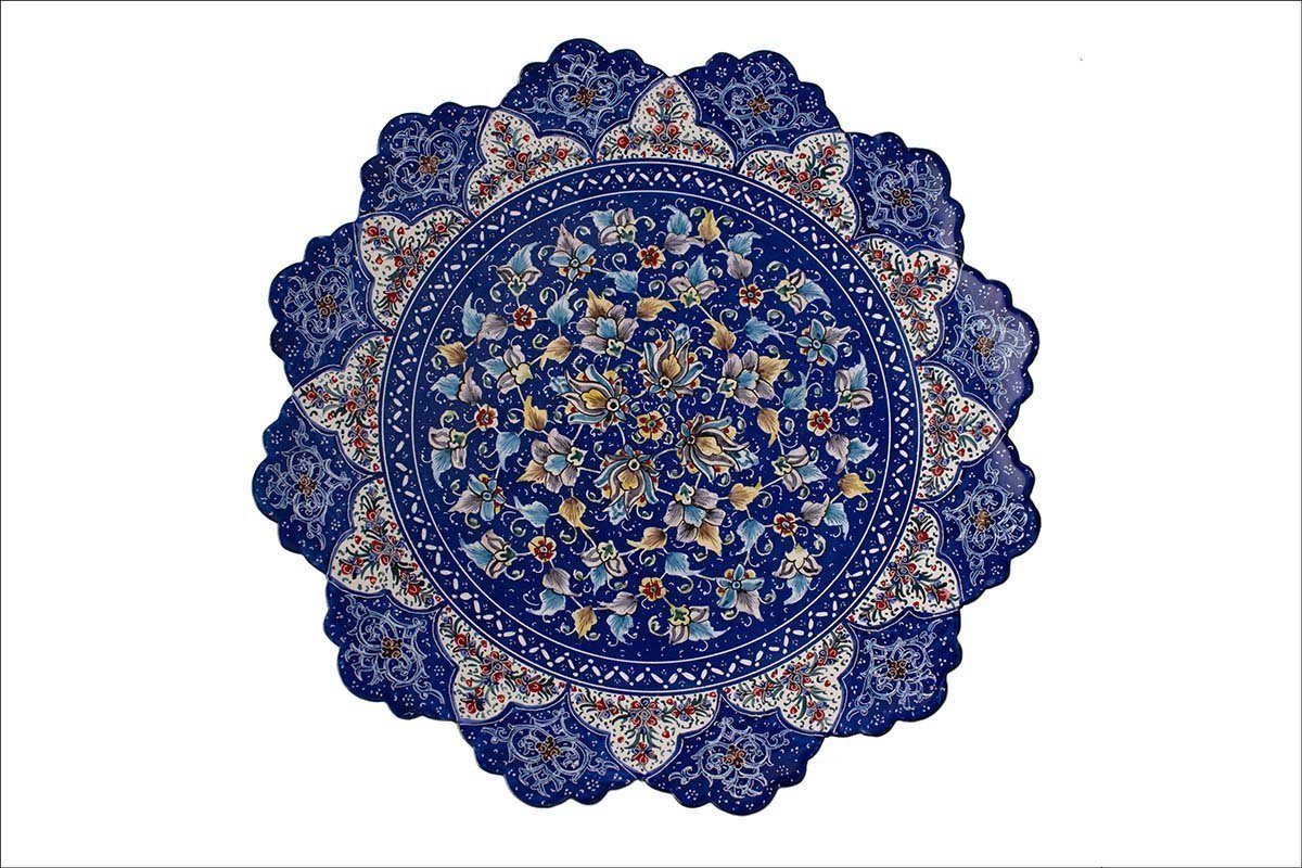 A 25cm Handmade Minakari Decorative Plate, showcasing a dense floral and foliate pattern on a blue backdrop, reminiscent of a Persian garden.