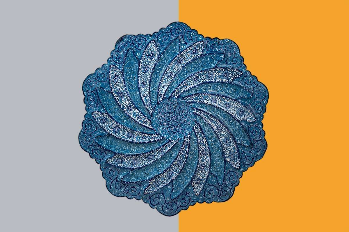 Persian Enamel (Minakari) Decorative Plate Is Made Of Copper And Has 16cm Diameter. The Rich And Embossed Texture Of The Artwork Is Watercolour Painted. The Azure Pattern Features Rhythmic Foliate Scrolls