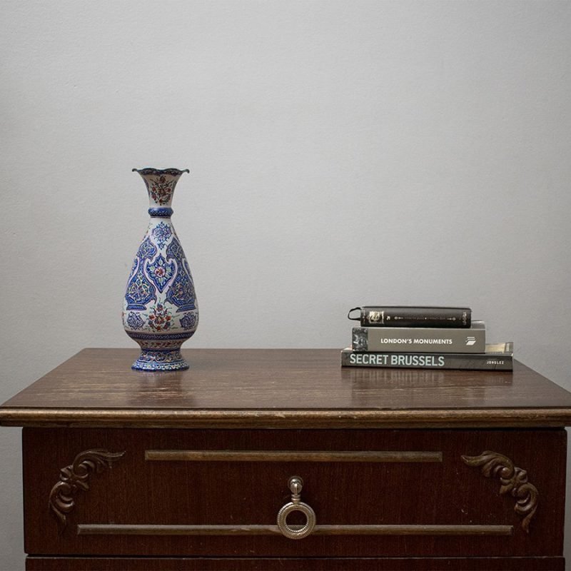 Persian Enamel (Minakari) Decorative Table Vase Is Made Of Copper And Has Floral Pattern On White Background