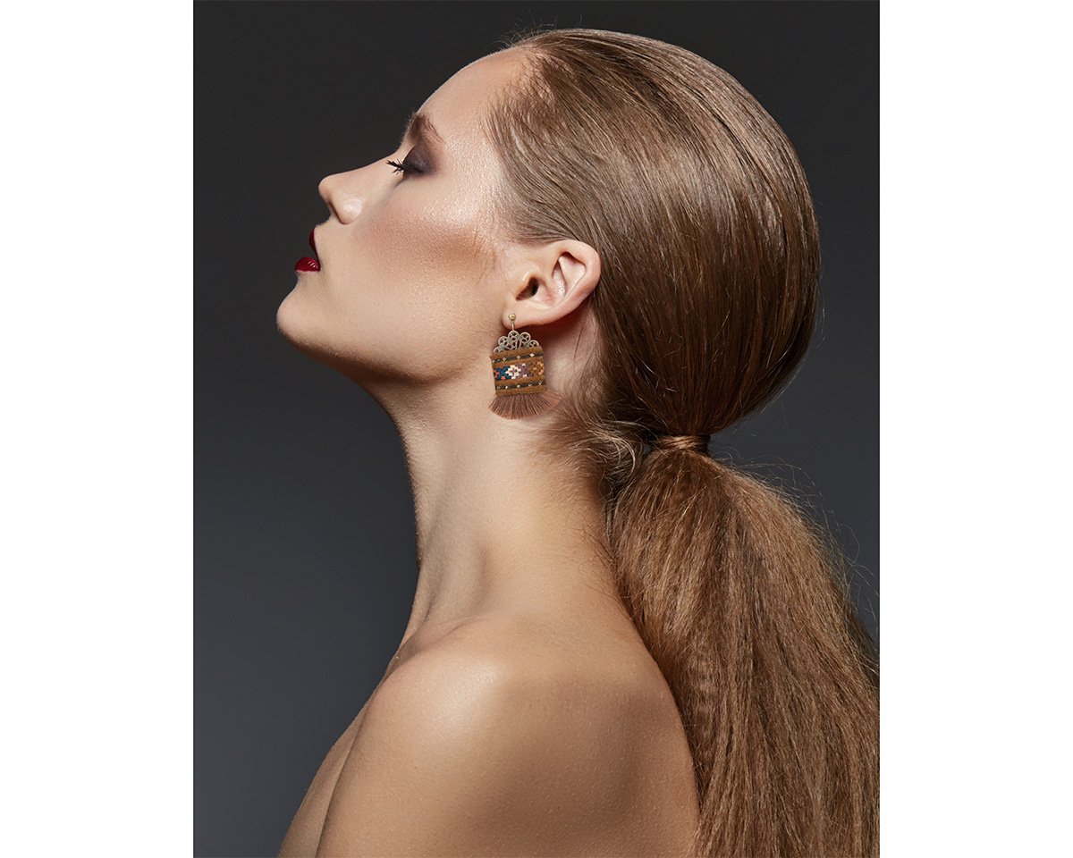 Persian Balochi Embroidery Earring With Brown Tassel And Geometric Pattern