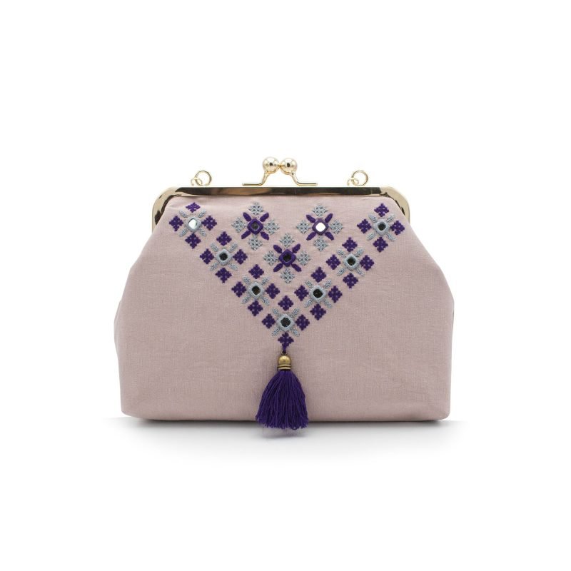 A pink Baluchi mirror-work embroidery crossbody bag with a chain accent.