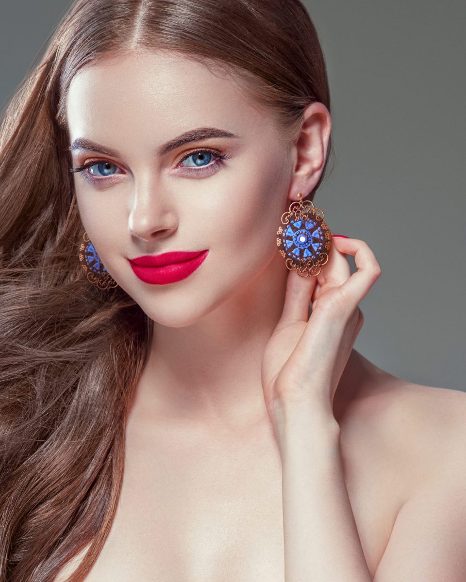 Persian Balochi Embroidery Earring, Floral Blue Pattern With Circular Shape Is Decorated With Tiny Mirror In The Centre