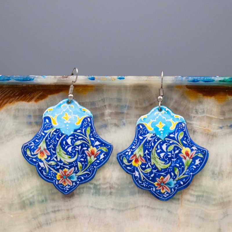 Front view of Persian enamel watercolour painting earrings, featuring a hand-painted Persian garden pattern on enamelled copper body and titanium hook. 8cm height, 5cm width.