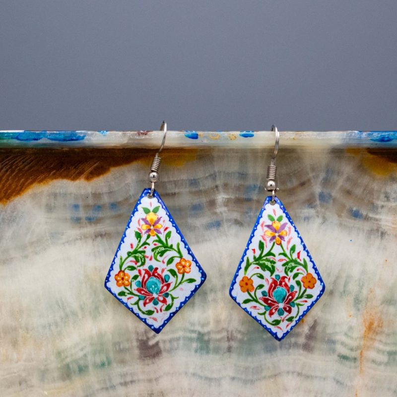Artistic Persian Dangle Earrings with a Persian garden design, made of enamelled copper and silver hooks.