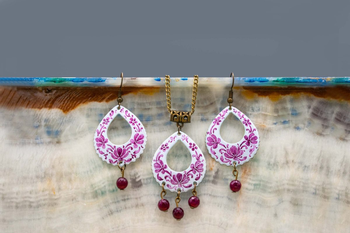 Front view of Persian Enamel Watercolour Painting Earrings and Pendant set, featuring enamelled copper body, hand-painted Persian pattern, and white and purple colours.
