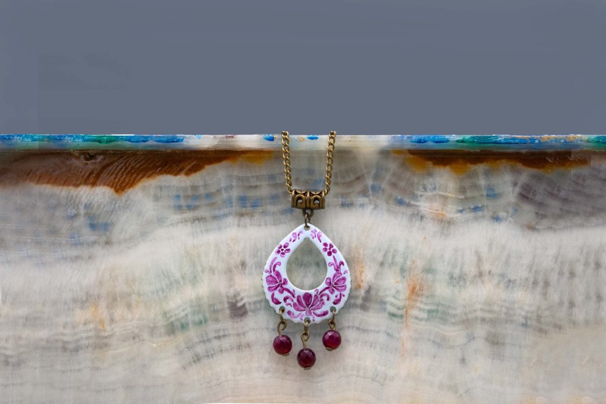 Front view of Persian Enamel Watercolour Painting Pendant, featuring enamelled copper body, hand-painted Persian pattern, and white and purple colours.