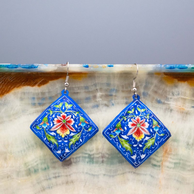 Hand-Painted Persian Earrings featuring a Persian garden pattern, made of enamelled copper with a silver hook.