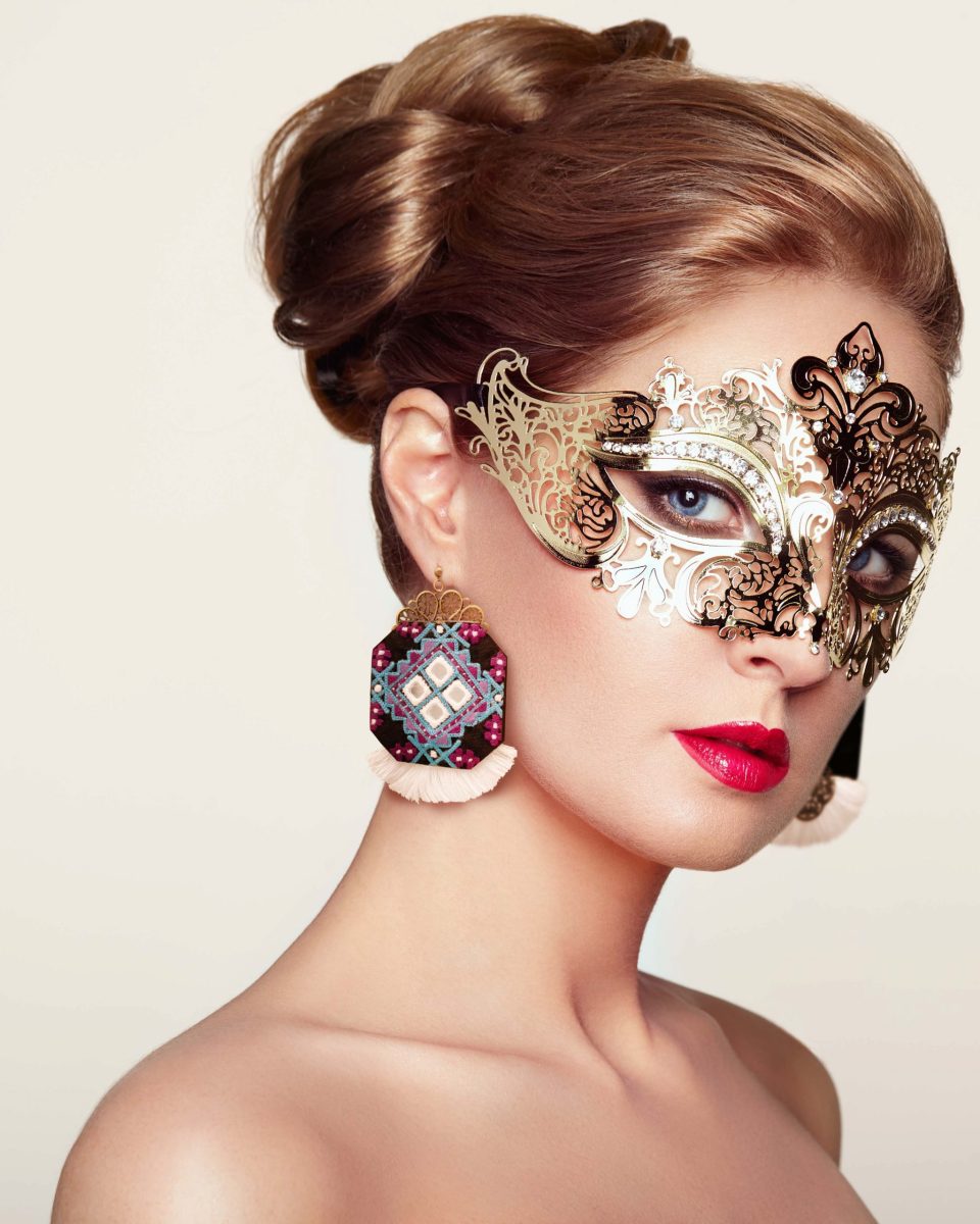 Ethnic Balochi Embroidery Earring - White Mirror Square