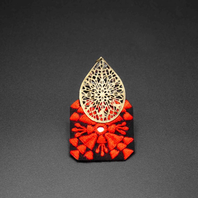 Elegant hand-embroidered Baluchi Bohemian Earrings in black and red, showcasing intricate floral patterns and copper details.