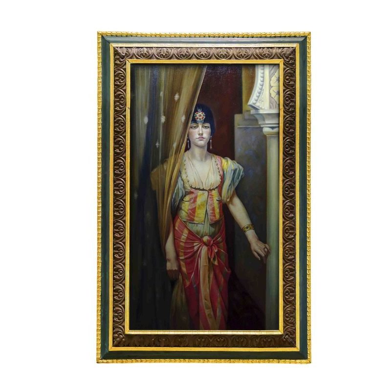 Image of a woman standing in a Middle Eastern hallway, dressed in a vibrant sari, depicted in "Soudja Sari" by Gaston Casimir Saint-Pierre