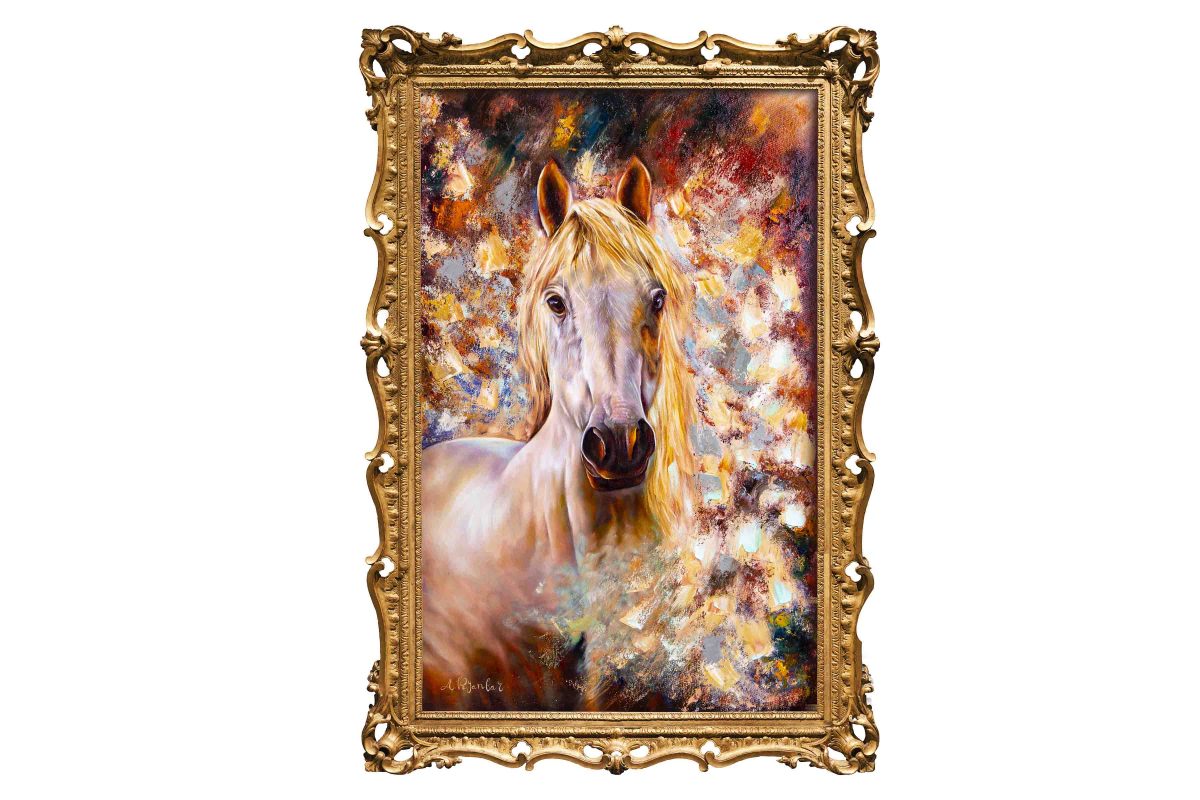Oil painting of a white horse with a vibrant rainbow background by Arash Poyanfar