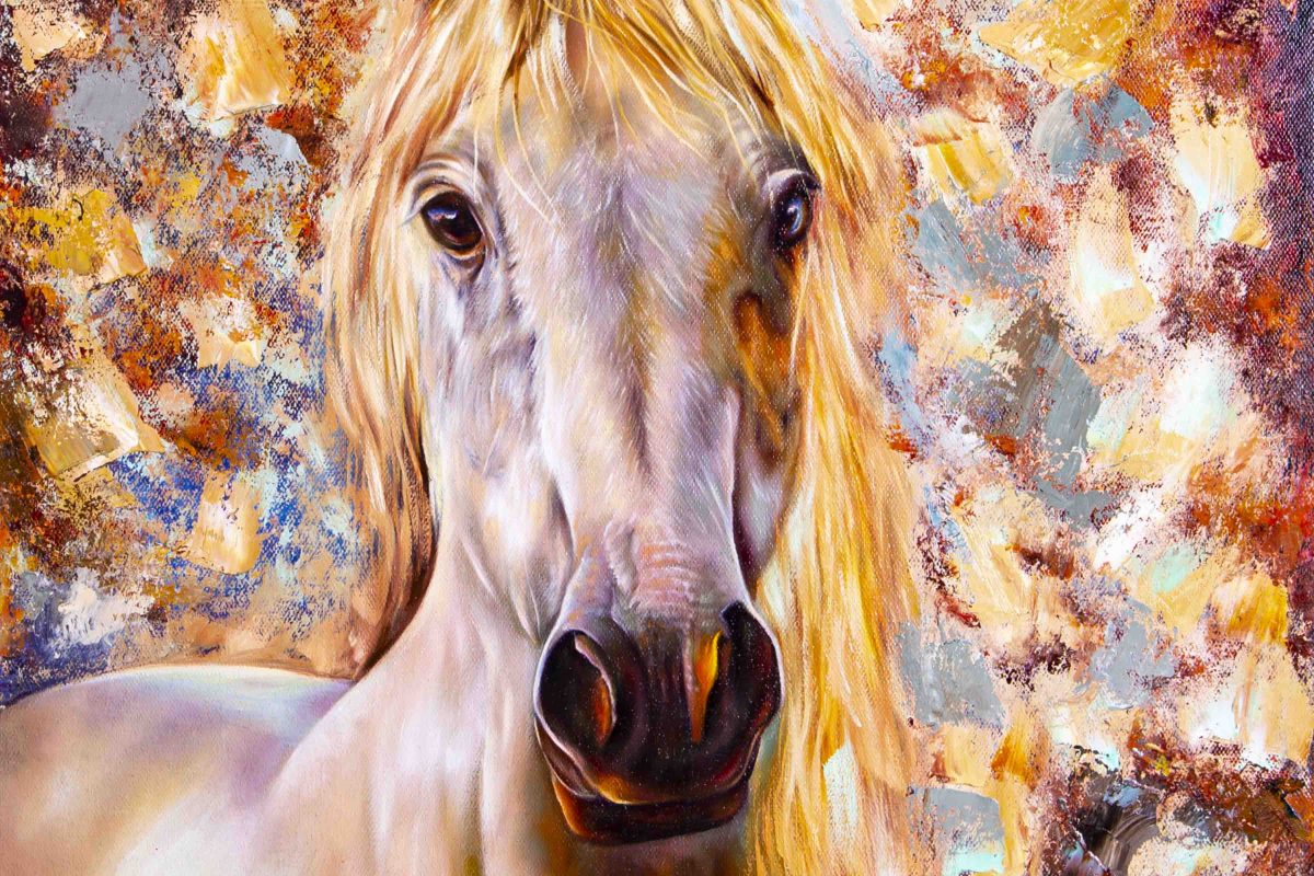 Oil painting of a white horse with a vibrant rainbow background by Arash Poyanfar