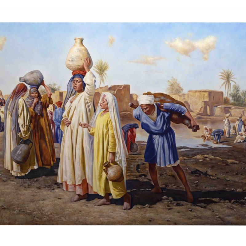 "Fetching Water" by Leopold Karl Müller, a painting depicting men and women collecting water from the river in a lively Egyptian village scene.