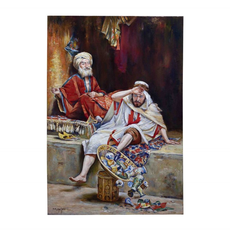 Stunning Alnaschar's Fortune Replica, featuring a daydreaming glassware salesman, captures the essence of "Arabian Nights" and Lockhart's rich artistic style.