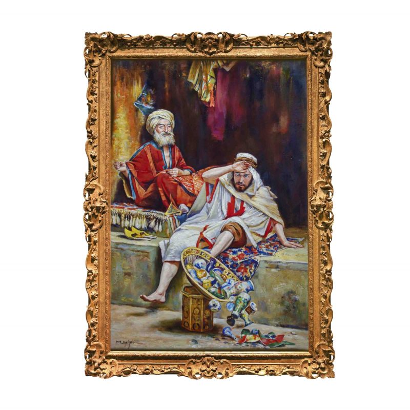 Stunning Alnaschar's Fortune Replica, featuring a daydreaming glassware salesman, captures the essence of "Arabian Nights" and Lockhart's rich artistic style.