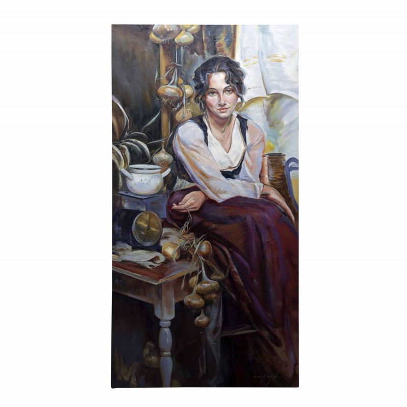 Meticulously crafted replica of Gerhartz's "Italy," featuring a young woman in traditional Italian attire, surrounded by kitchen elements.