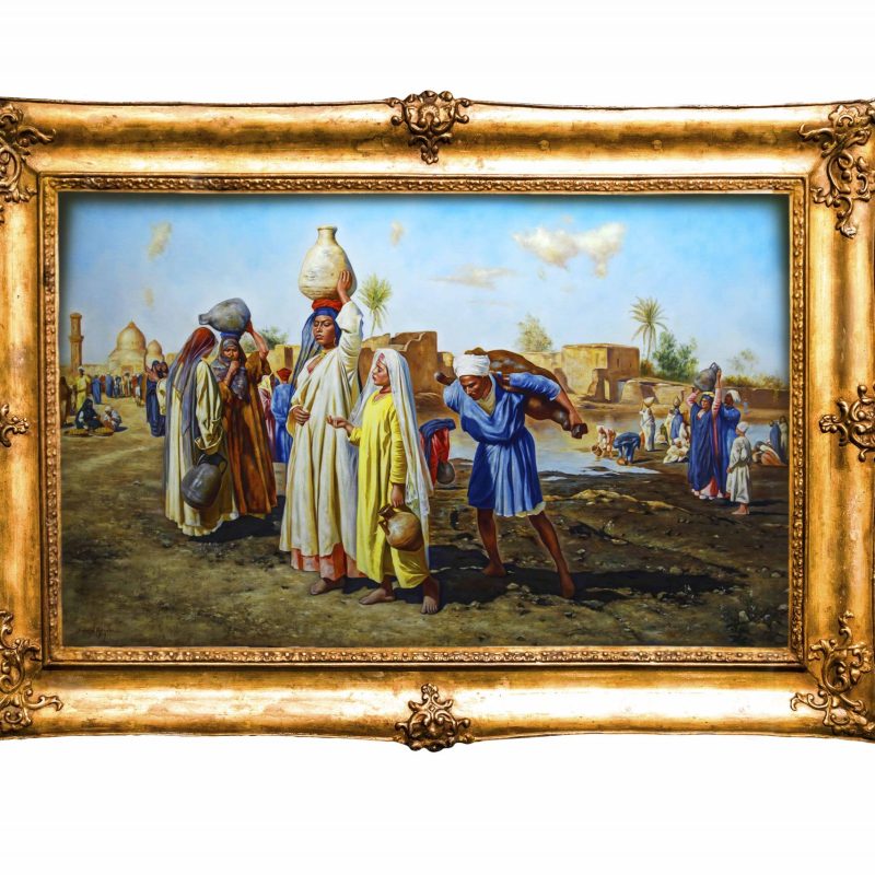 "Fetching Water" by Leopold Karl Müller, a painting depicting men and women collecting water from the river in a lively Egyptian village scene.