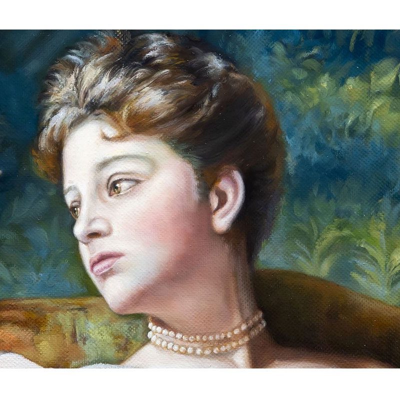 Neoclassical Woman with Flowers Replica, a young woman gracefully arranging flowers in a serene setting.