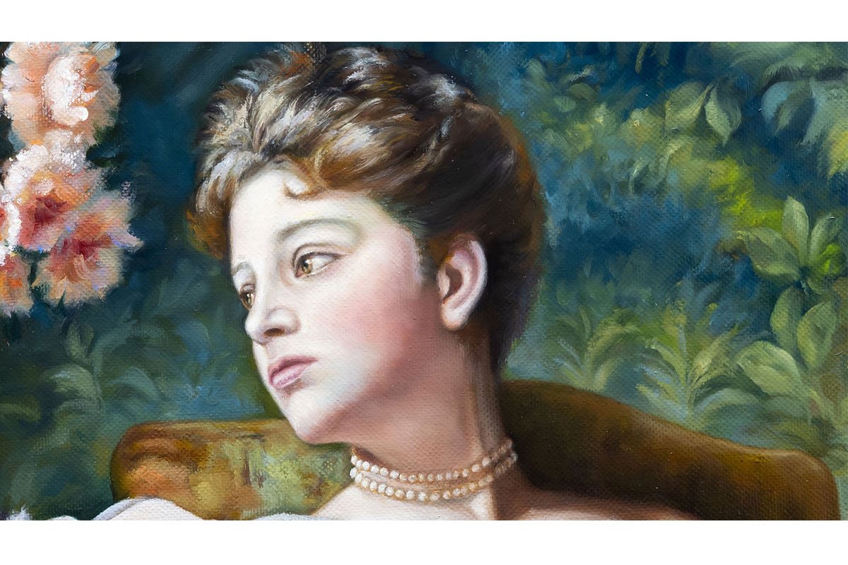 Neoclassical Woman with Flowers Replica, a young woman gracefully arranging flowers in a serene setting.