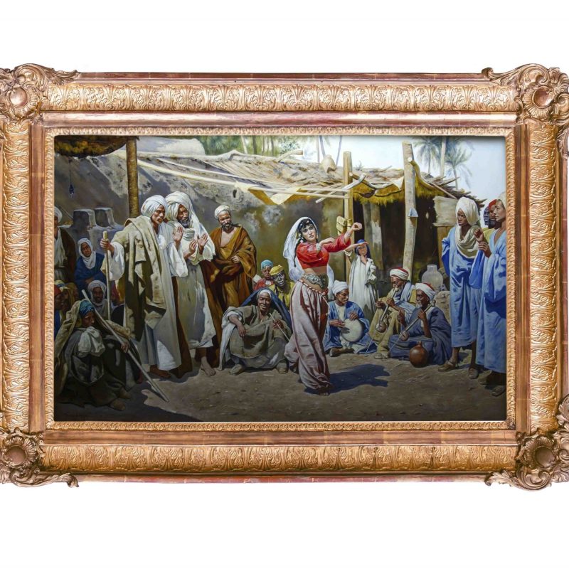 A group of admirers gathered around a captivating almée, elegantly dressed in richly colored fabrics, in Leopold Carl Müller's 'Almée's Admirers.