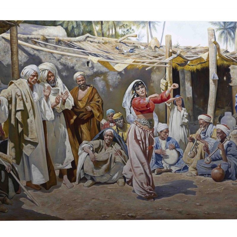 A group of admirers gathered around a captivating almée, elegantly dressed in richly colored fabrics, in Leopold Carl Müller's 'Almée's Admirers.