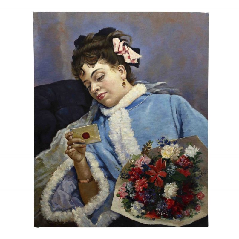 Meticulous replica of Madrazo's "Felicitación De Cumpleaños," depicting a woman engrossed in reading a love letter.