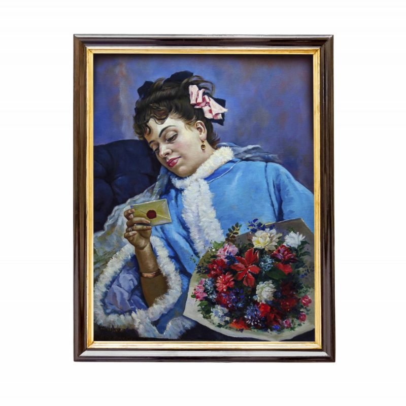 Meticulous replica of Madrazo's "Felicitación De Cumpleaños," depicting a woman engrossed in reading a love letter.