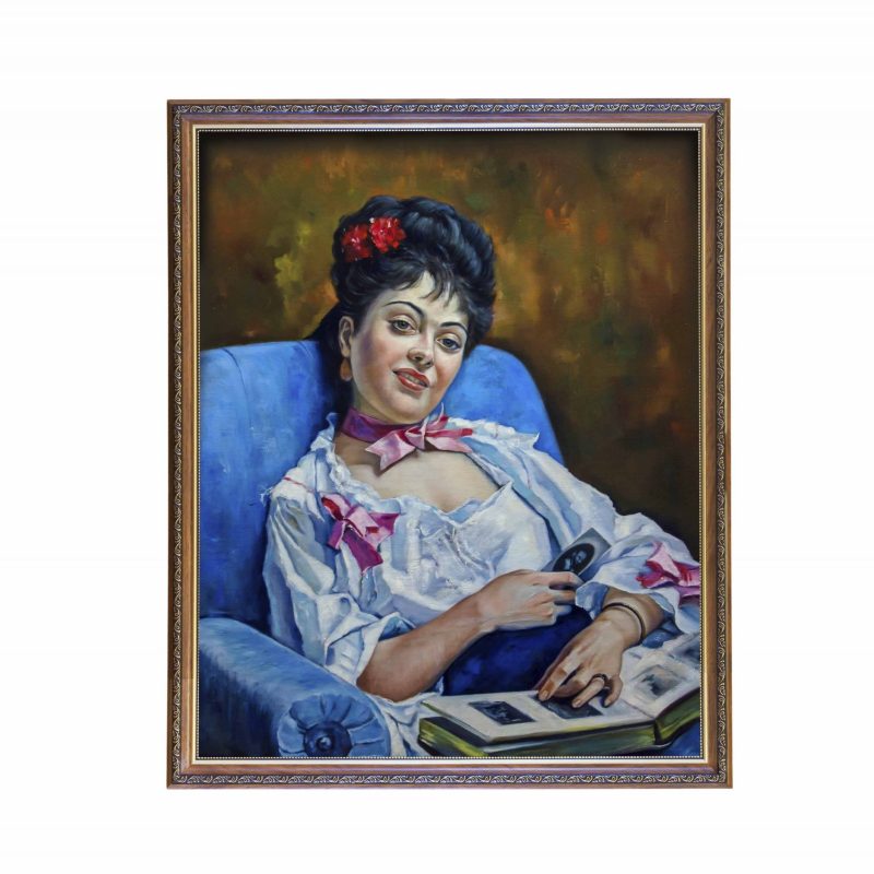 Meticulously crafted replica of Madrazo's "Fond Memories," depicting a woman immersed in reflective contemplation with a photo album.