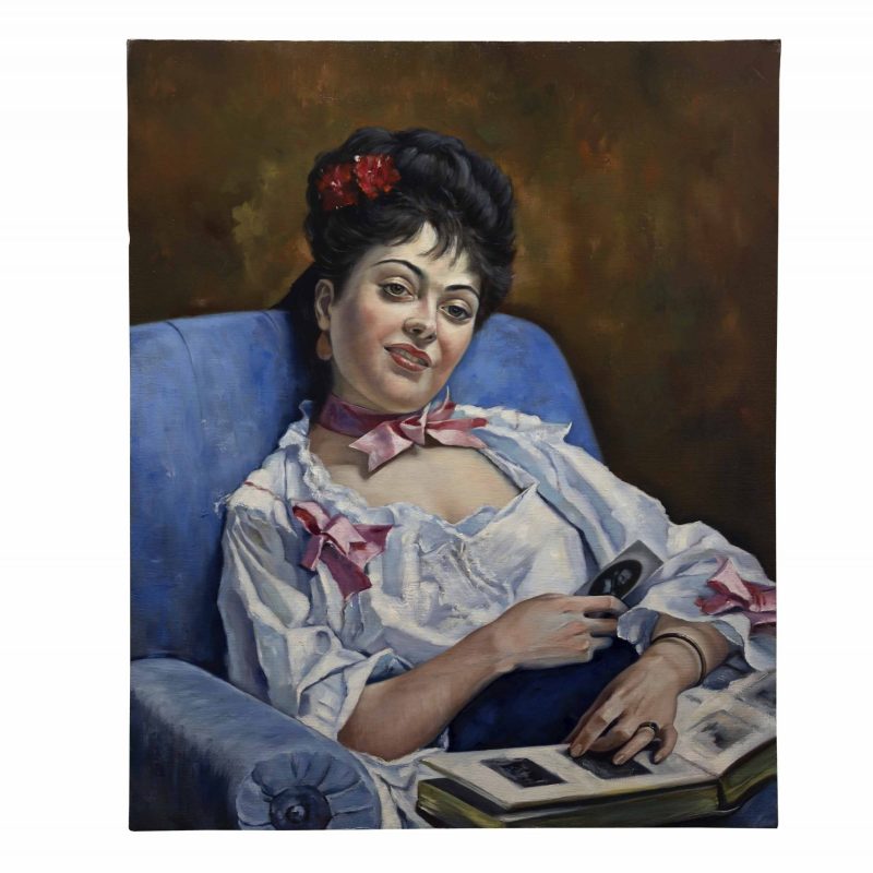 Meticulously crafted replica of Madrazo's "Fond Memories," depicting a woman immersed in reflective contemplation with a photo album.
