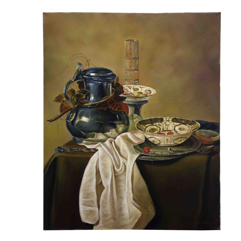 Meticulously crafted replica of Treck's Still-Life, showcasing the extraordinary realism, dynamic composition, and captivating light manipulation of the Dutch Baroque era.