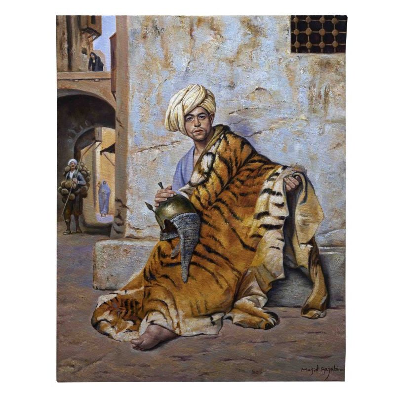 Pelt Merchant of Cairo" painting by Jean-Léon Gérôme depicting a busy marketplace scene in 19th-century Egypt, with a merchant arranging his animal skins and furs.