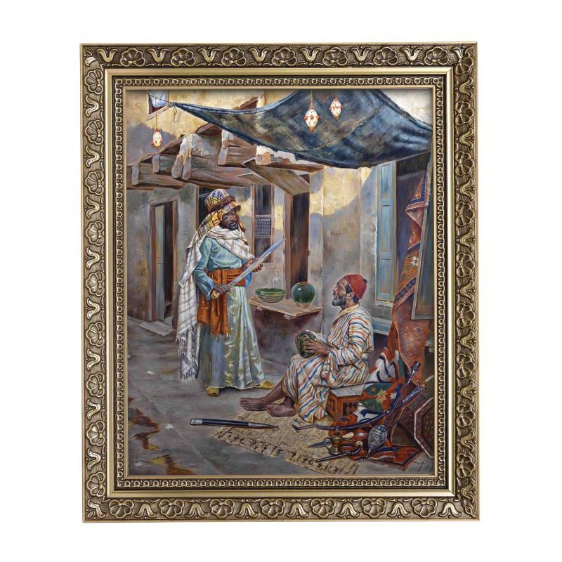 Exquisite Sword Merchant Painting Replica depicting a quiet negotiation in an old Islamic era marketplace, showcasing the beauty of Orientalist art and attention to detail.