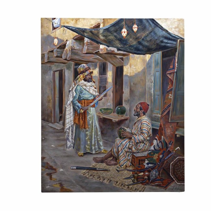 Exquisite Sword Merchant Painting Replica depicting a quiet negotiation in an old Islamic era marketplace, showcasing the beauty of Orientalist art and attention to detail.