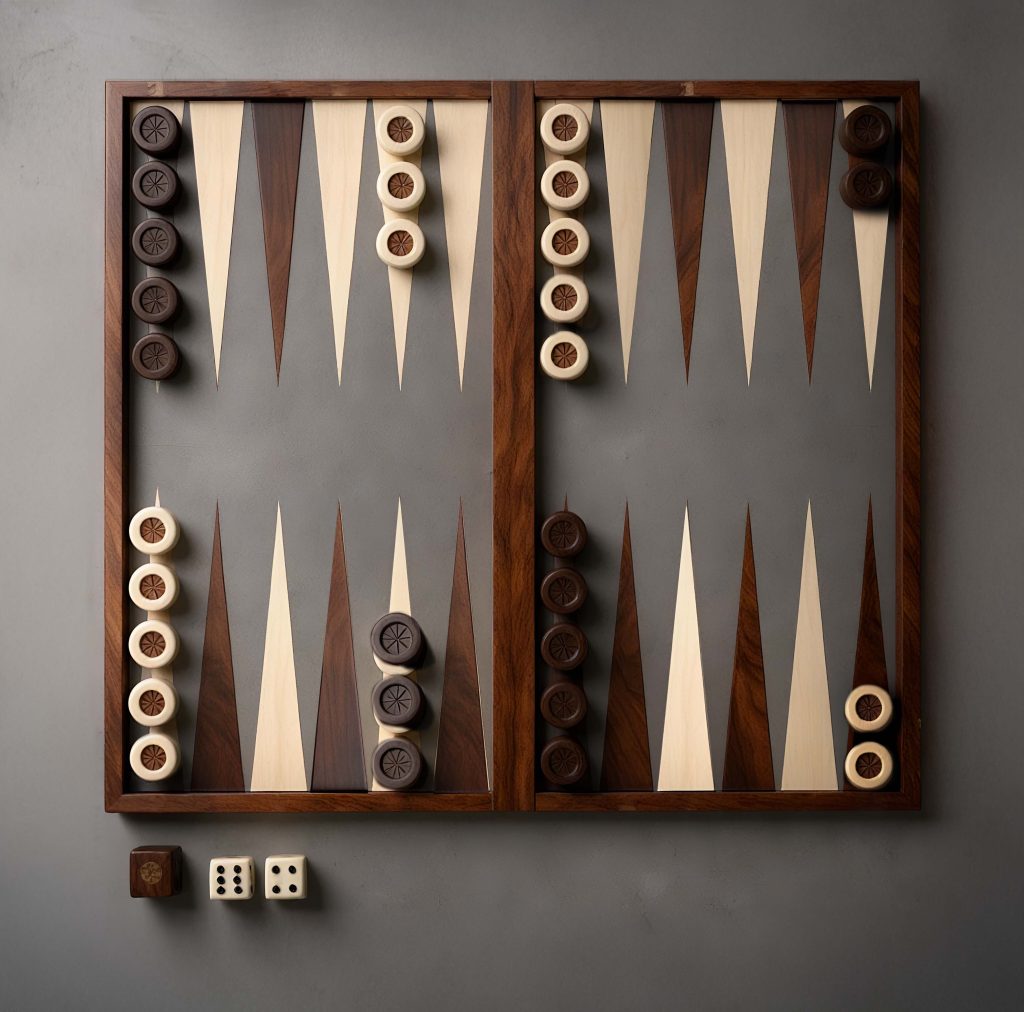 An overhead view of a backgammon board displaying the starting position of the pieces, used to explain the Persian backgammon (Takhte Nard) game setup.