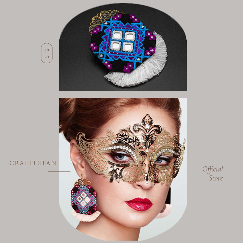 A portrait of a beautiful woman with dark hair pulled back, wearing large Persian embroidery earrings with mirrors and tassels. She looks poised and confident, with intricate embroidery in shades of gold, blue, and red adding to the overall elegance of the portrait.