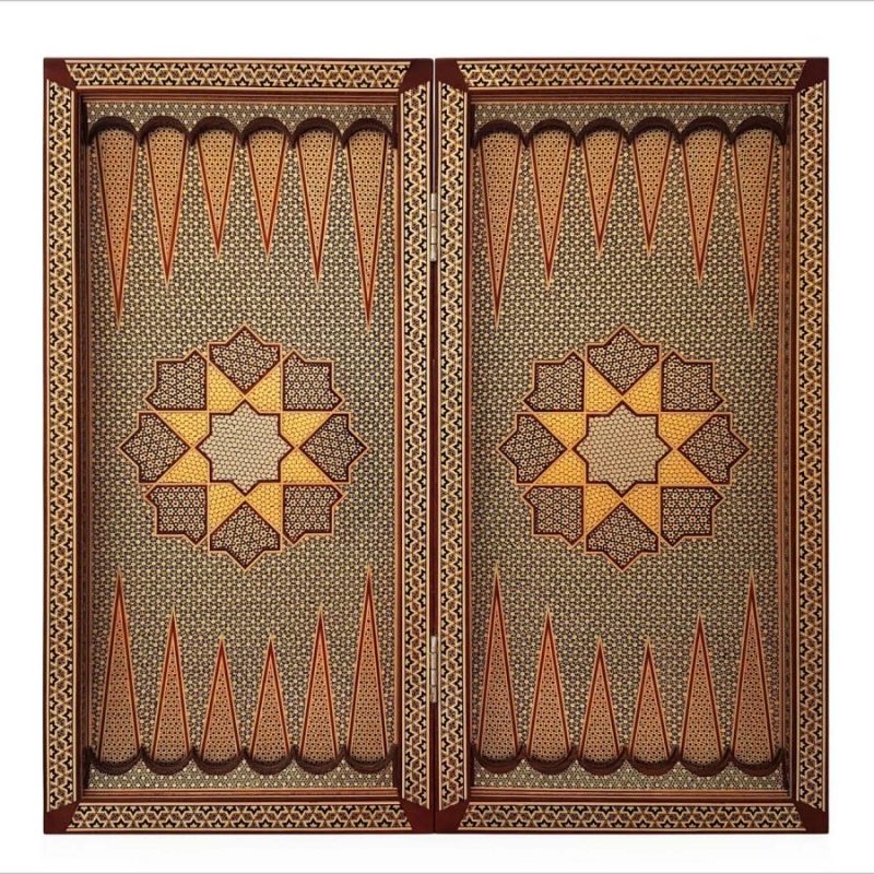 Elegant golden Persian marquetry backgammon and chess board, handcrafted with traditional techniques for the ultimate luxury gaming experience