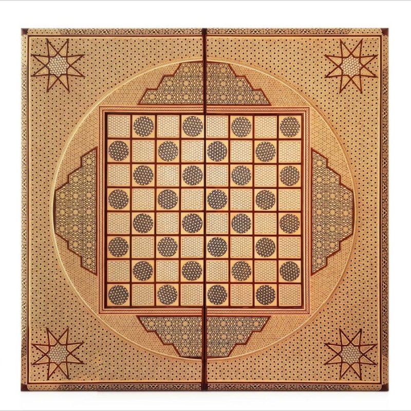Elegant golden Persian marquetry backgammon and chess board, handcrafted with traditional techniques for the ultimate luxury gaming experience