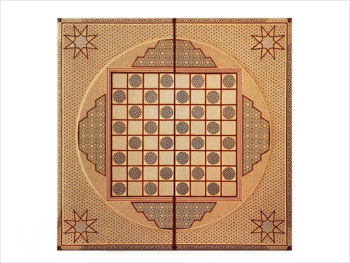 Elegant golden Persian marquetry backgammon and chess board, handcrafted with traditional techniques for the ultimate luxury gaming experience