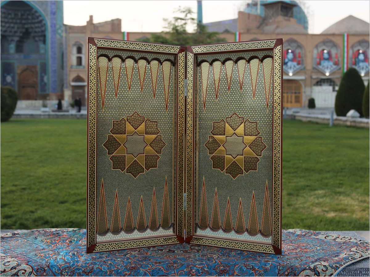 Elegant golden Persian marquetry backgammon and chess board, handcrafted with traditional techniques for the ultimate luxury gaming experience