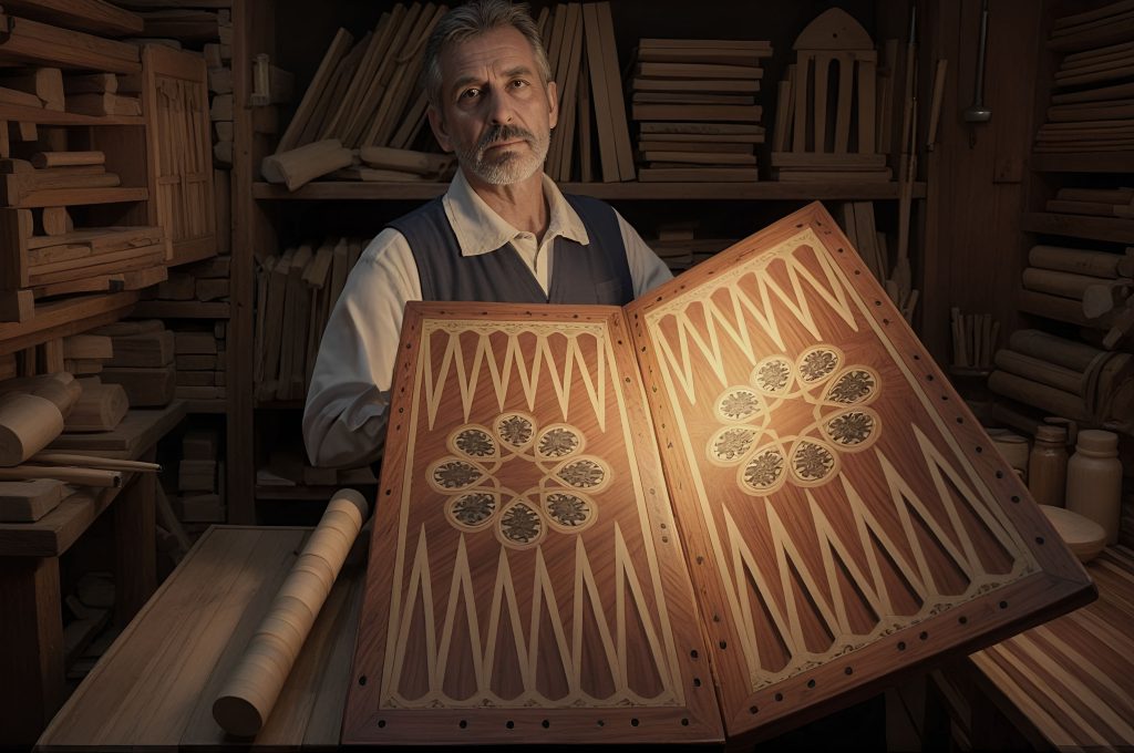 A master craftsman holds an intricately designed backgammon board, representing Persian backgammon (Takhte Nard).