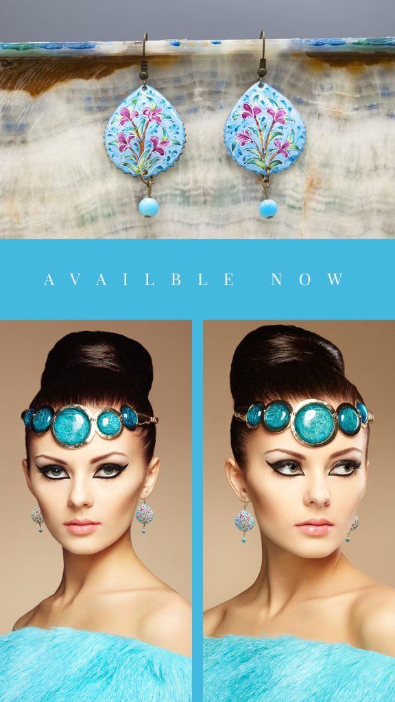 A portrait of a beautiful girl wearing chandelier-style Persian earrings featuring breathtaking hand-painted floral and foliate designs in a mesmerizing azure blue color. The earrings add a touch of sophistication and elegance to her overall look and create a dramatic effect, framing her face and drawing attention to her stunning features.