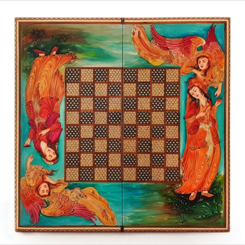 A beautiful, handcrafted Persian wooden backgammon, featuring intricate marquetry designs with a legendary scene of female Persian angles and a charming courting scene on both the outside and inside. Rich colors of crimson, green, blue, brown, and yellow bring the designs to life. Perfect for game rooms or collections