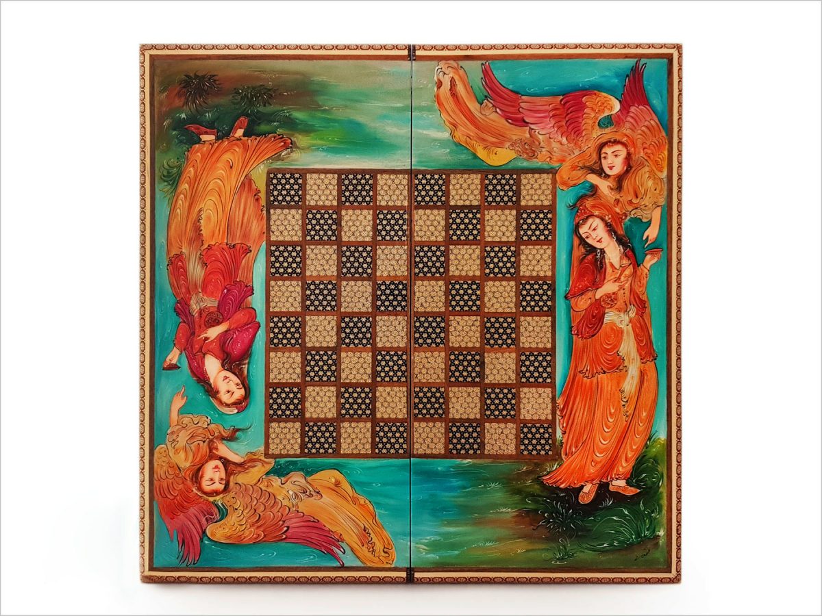 A beautiful, handcrafted Persian wooden backgammon, featuring intricate marquetry designs with a legendary scene of female Persian angles and a charming courting scene on both the outside and inside. Rich colors of crimson, green, blue, brown, and yellow bring the designs to life. Perfect for game rooms or collections