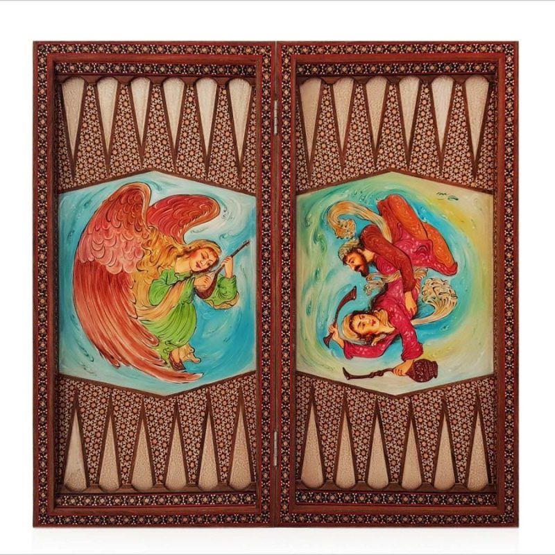 A beautiful, handcrafted Persian wooden backgammon, featuring intricate marquetry designs with a legendary scene of female Persian angles and a charming courting scene on both the outside and inside. Rich colours of crimson, green, blue, brown, and yellow bring the designs to life. Perfect for game rooms or collections