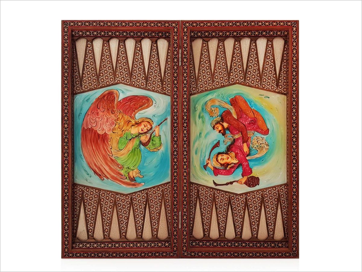 A beautiful, handcrafted Persian wooden backgammon, featuring intricate marquetry designs with a legendary scene of female Persian angles and a charming courting scene on both the outside and inside. Rich colours of crimson, green, blue, brown, and yellow bring the designs to life. Perfect for game rooms or collections