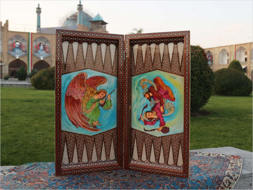 A beautiful, handcrafted Persian wooden backgammon, featuring intricate marquetry designs with a legendary scene of female Persian angles and a charming courting scene on both the outside and inside. Rich colours of crimson, green, blue, brown, and yellow bring the designs to life. Perfect for game rooms or collections. History of Board Games