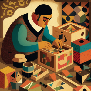 The overall scene is captured in a wide view, allowing the viewer to see the full scope of the workshop and appreciate the beauty of the individual elements within it. The use of warm and soft colors creates a sense of comfort and intimacy, while the abstract style is reminiscent of the work of artists such as Kazimir Malevich and Pablo Picasso. The image is a testament to the beauty and skill of traditional Persian Khatam-Kari craftsmanship, as well as the timeless appeal of abstract art.