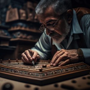 A Persian craftsman works meticulously with his hands, carefully arranging wooden pieces to create an intricate design on a piece of art using the traditional marquetry technique. His steady and skilled fingers create patterns that demonstrate his mastery of the craft, showcasing the beauty and elegance of Persian artistry.